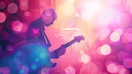 Electric guitar player on a stage with colorful blue and purple scenic illumination, soft selective...