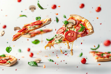 A pizza with mushrooms, tomatoes, and basil is flying through the air. The pizza is surrounded by a cloud of toppings, including cheese, tomatoes, and basil. The scene is dynamic and playful