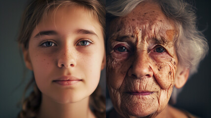 concept of aging. face of young woman and an old woman with wrinkles - obrazy, fototapety, plakaty