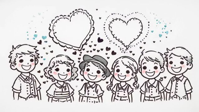 Five cheerful children portrayed in a cartoon style with Flipbook Animation, transitioning into various outfits, with speech bubbles shaped like hearts.