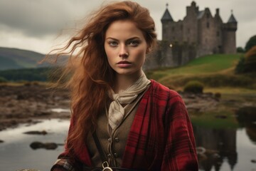 Elegant Scot woman skirt scottish castle. Tower palace. Generate Ai - obrazy, fototapety, plakaty