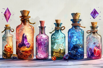 Magic bottles with magic elixirs for love spells, sorcery and divination. Magic illustration and alchemy - obrazy, fototapety, plakaty