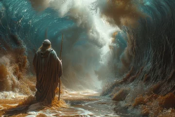 Fotobehang Portrait of the biblical back view of Moses dividing the sea with his stick: a depiction of divine power and liberation, with towering walls of water parting to reveal a path of destiny. © Ruslan Batiuk