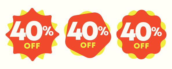 40% off. Special offer sticker, label, tag. Value discount poster, price. Shapes in yellow and red. Promo, discount, sale, store, retail, mall. Icon, vector