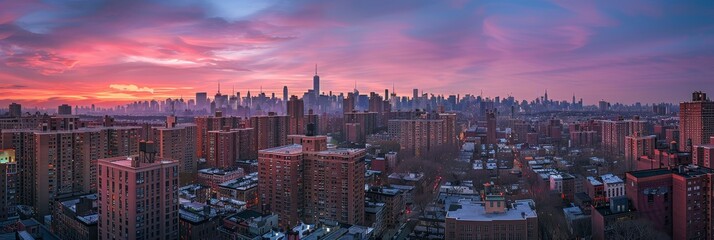 Sunset Over New York City Skyline with Dramatic Clouds