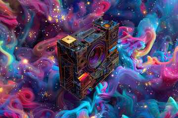 Enthralling 3D Stereo Mixtape Cover Design With Galactic Backdrop and Download Button