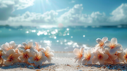 Obraz na płótnie Canvas Summer panoramic background with beach and frangipani flowers on the sand
