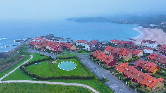 Comillas town, aerial view from a drone. Comillas Municipality. Cantabrian Sea. Cantabria. Spain. Europe