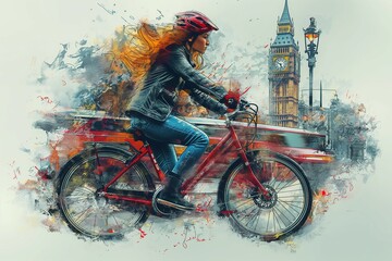 Woman riding on a bicycle in London, UK, Europe, watercolor art cartoon illustration