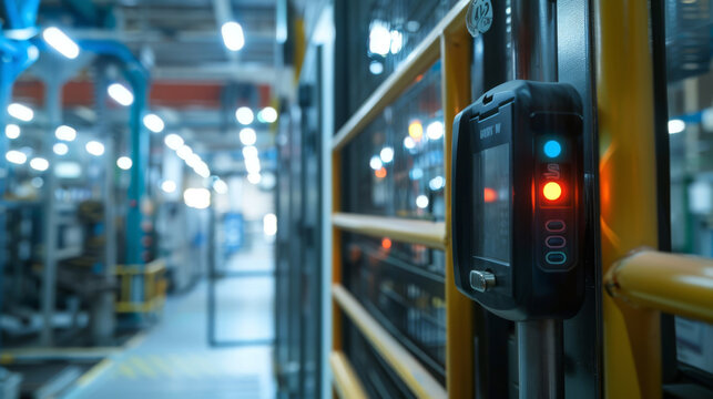 Close-up of a badge reader for secure factory access, safety in technology