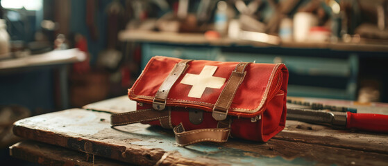 Close-up on a first aid kit open on a workshop table - obrazy, fototapety, plakaty