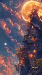 Solar Panel Under Moonlit Night Sky