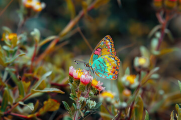 Colorful butterfly on red and yellow flowers, close-up