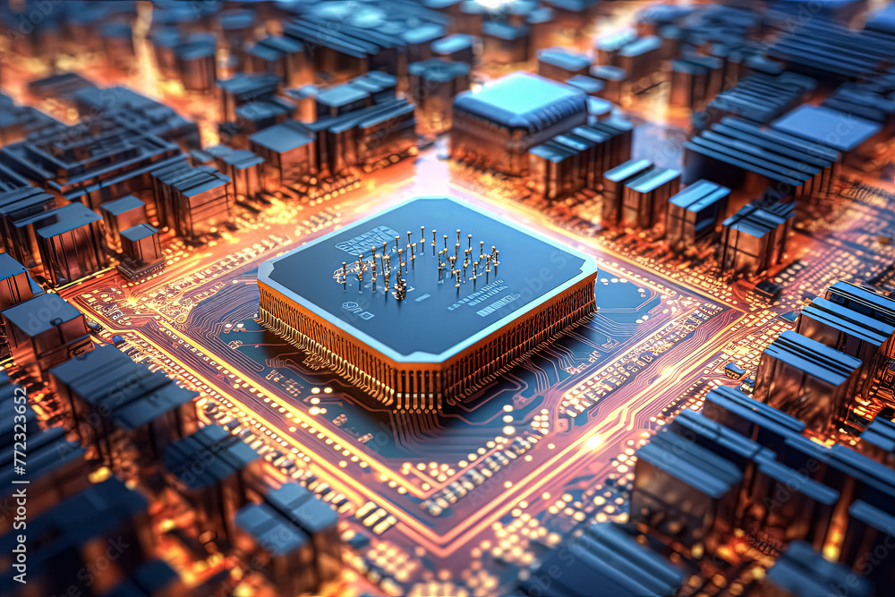 Poster a close up of a computer chip with a gold colored border.