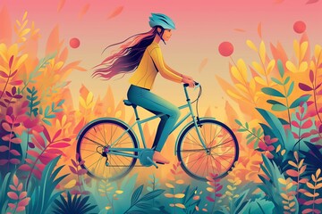 Woman riding on a bicycle in a park, pastel colors, flat cartoon illustration