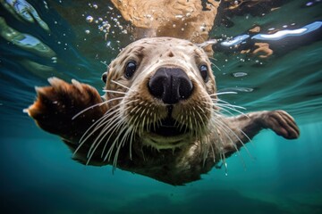 Agile Sea otter underwater. Nature baby wild. Generate Ai - obrazy, fototapety, plakaty