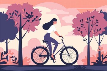 Woman riding on a bicycle in a park, pastel colors, flat cartoon illustration