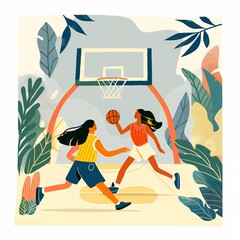 Two women playing basketball cartoon illustration