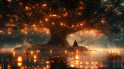 Lone Monk Meditates Sitting By A Mystical Tree Illuminated With Lanterns In A Magical Forest. Vesak and the path to enlightenment. AI Generated