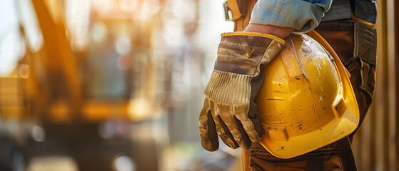 Heavy-duty work gloves clutching a safety manual, blurred machines behind - obrazy, fototapety, plakaty