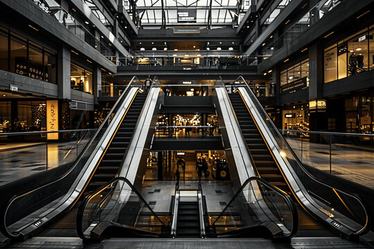 Escalators soaring through a multi-level atrium, echoing with chatter and footsteps.