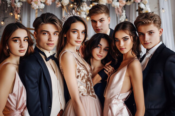A group of six elegantly dressed graduates poses confidently at a celebration event, exuding style and youthfulness