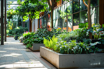 Planters overflowing with lush greenery, providing pockets of tranquility amid commerce.