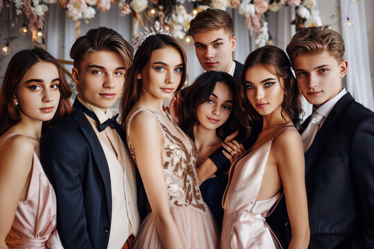 A group of six elegantly dressed graduates poses confidently at a celebration event, exuding style and youthfulness