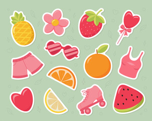 Bright sticker pack with fruits and clothes on green background. Summer mood concept.