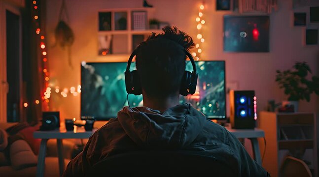 back view. man is playing game on pc