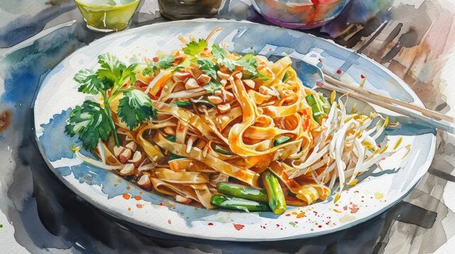 A detailed watercolor food illustration of Pad Thai