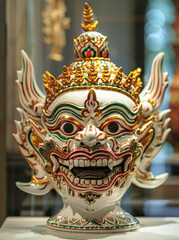 Obraz premium A gold and green mask with a white base. The mask has a demonic appearance and is decorated with gold and green
