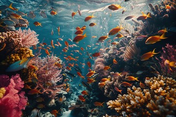 A mesmerizing snapshot capturing the intricate dance of exotic fish species amidst coral reefs in a thriving ocean ecosystem