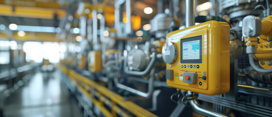 Safety monitoring sensors on equipment, factory environment blurred - obrazy, fototapety, plakaty
