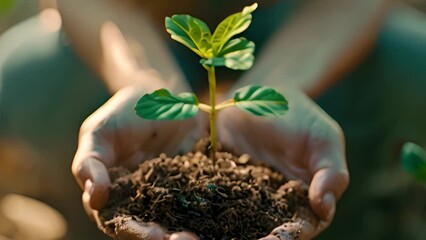 Nature's animation: Tiny sprout in hands, Arbor Day joy