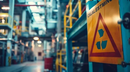Tuinposter Safety signage at a factory entrance, highlighting hazard warnings © Anuwat