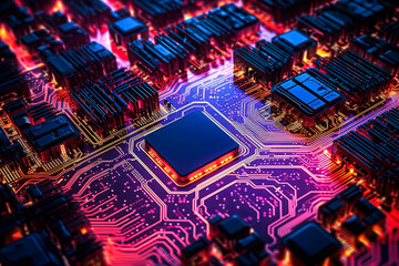 A computer chip is shown in a blue and purple color scheme.