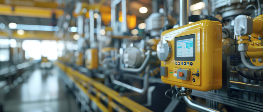 Safety monitoring sensors on equipment, factory environment blurred