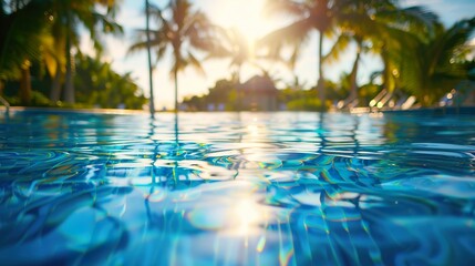 Swimming pool and palm trees at a seaside resort in the tropics. Summer vacation background