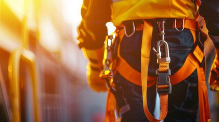 Worker adjusting a bright safety harness, background softly out of focus