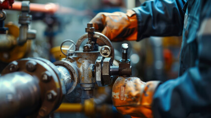 Worker's hand turning a safety valve, precision in safety measures