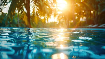 Swimming pool and palm trees at a seaside resort in the tropics. Summer vacation background - obrazy, fototapety, plakaty