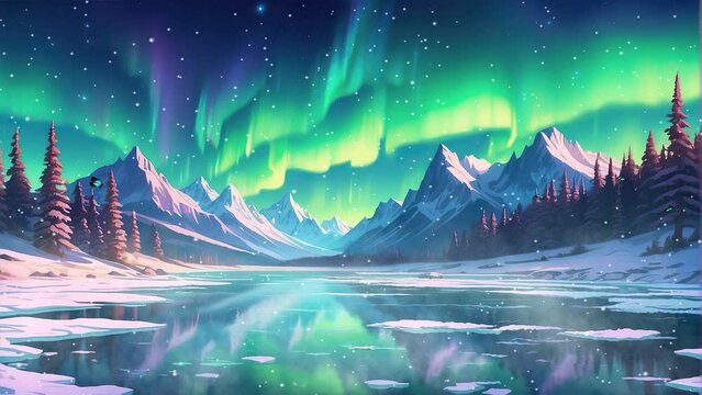 Mesmerizing 4k video footage showcasing the ethereal beauty of aurora borealis dancing above a tranquil lake at night.