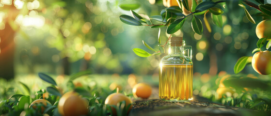 3D rendering of avocado oil richness, emphasizing skin nutrition, with an orchard blurred - obrazy, fototapety, plakaty