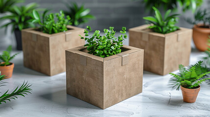 A small plant inside a cardboard box.