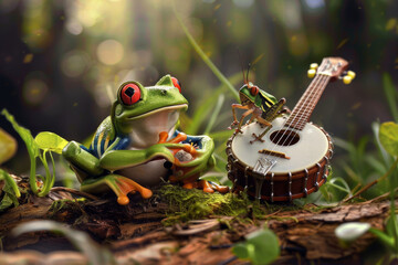 A frog is playing a guitar with a grasshopper. The frog is holding a small object in its mouth - obrazy, fototapety, plakaty