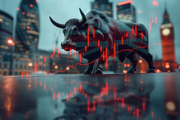 A bull with a financial chart and UK British flag with London business skyline double exposure, trading stock market illustration - obrazy, fototapety, plakaty