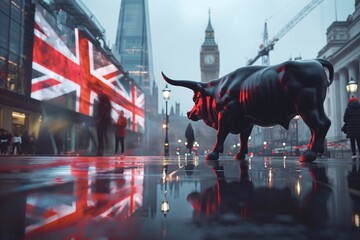 A bull with a financial chart and UK British flag with London business skyline double exposure, trading stock market illustration