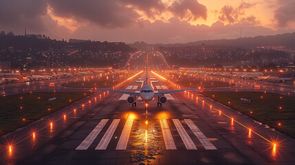 An airplane is landing on a runway at the airport in beautiful sunset light. - obrazy, fototapety, plakaty