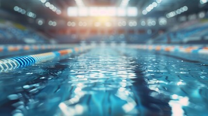 Empty swimming pool before sports racing swimming competition blurred background